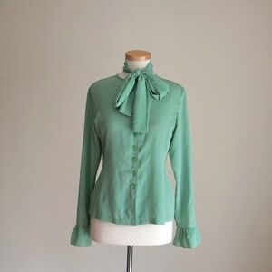 Vintage Women's 70s Candy Striped Green & White Belted Blouse and Sash